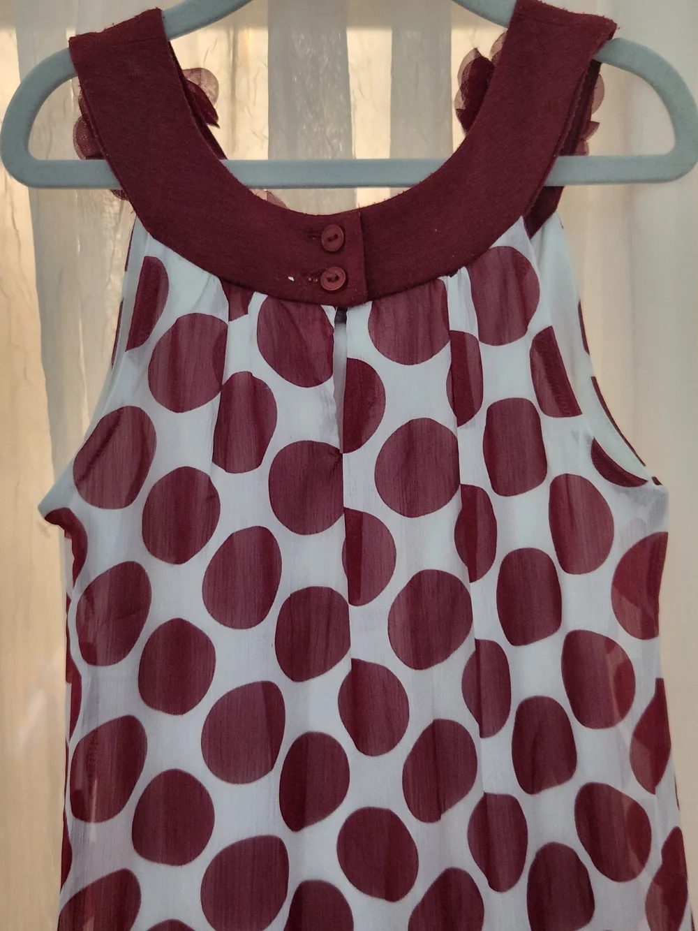 2-Hip Girls' Maroon Polka Dot Sleeveless Dress with Floral Neckline, Sz-8, GUC